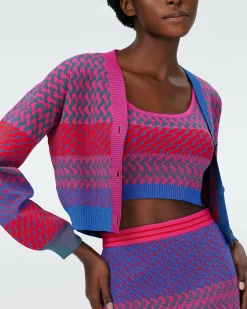 New Diane von Furstenberg Dvf Rema Cardigan In Multicolor Zigzag Strip Pk/Bu