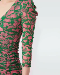 Discount Diane von Furstenberg Marcelle Pleated Mesh Dress In Billiard Green Begonia Leaves
