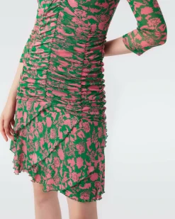 Discount Diane von Furstenberg Marcelle Pleated Mesh Dress In Billiard Green Begonia Leaves